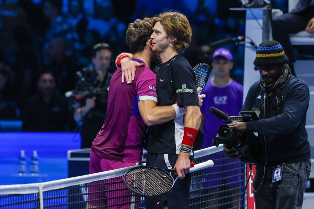 TENNIS - Internazionali di Tennis - Nitto ATP, Tennis Herren Finals - Ruud vs Rublev Casper Ruud of Norway seen with Andrey Rublev of Russia at the end of the macth during Men s Singles Group Stage match against Andrey Rublev of Russia on day six of the Nitto ATP Finals 2024 at Inalpi Arena. Casper Ruud wins 6-4, 5-7, 6-2 over Andrey Rublev Turin Italy Copyright: xIPAxSport ABACAx