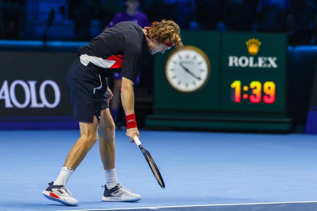 TENNIS - Internazionali di Tennis - Nitto ATP, Tennis Herren Finals - Ruud vs Rublev Andrey Rublev of Russia reacts during Men s Singles Group Stage match against Casper Ruud of Norway on day six of the Nitto ATP Finals 2024 at Inalpi Arena. Casper Ruud wins 6-4, 5-7, 6-2 over Andrey Rublev Turin Italy Copyright: xIPAxSport ABACAx