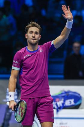 TENNIS - Internazionali di Tennis - Nitto ATP, Tennis Herren Finals - Ruud vs Rublev Casper Ruud of Norway celebrates the victory at the end of the match during Men s Singles Group Stage match against Andrey Rublev of Russia on day six of the Nitto ATP Finals 2024 at Inalpi Arena. Casper Ruud wins 6-4, 5-7, 6-2 over Andrey Rublev Turin Italy Copyright: xIPAxSport ABACAx