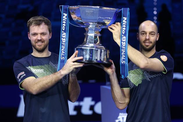 Bilder des Jahres 2024, Sport 11 November Sport Themen der Woche KW46 Sport Bilder des Tages Kevin Krawietz (Germany) und Tim Puetz (Germany) celebrate after winning, Day 8, Nitto ATP, Tennis Herren Finals 2024, INALPI Arena, November 17, 2024, Turin, Italy.