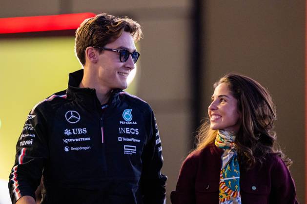 22nd November 2024; Las Vegas, Nevada, USA. F1 Las Vegas Grand Prix; Qualifying Day; George Russell (63) of United Kingdom and team Mercedes-AMG Petronas F1 Team shares a touching moment with his girlfriend Carmen Montero Mundt on the paddock  ActionPlus12719423 BobxKupbens