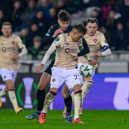 Cercle Brugge v Heart of Midlothian Europa Conference League 28 11 2024. Matchday 4 of 6 Edgaras Utkus of Cercle Brugge holds back Kenneth Vargas of Hearts during the Europa Conference League match between Cercle Brugge and Heart of Midlothian at the Jan Breydel Stadion, Brugge, Belguim on 28 November 2024. Editorial use only , Copyright: xMalcolmxMackenzie HeartsxFCx PSI-20881-0067