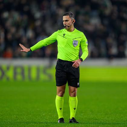 Cercle Brugge v Heart of Midlothian Europa Conference League 28 11 2024. Matchday 4 of 6 Referee Elchin Masiyev (AZE) during the Europa Conference League match between Cercle Brugge and Heart of Midlothian at the Jan Breydel Stadion, Brugge, Belguim on 28 November 2024. Editorial use only , Copyright: xMalcolmxMackenzie HeartsxFCx PSI-20881-0079