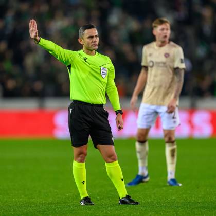 Cercle Brugge v Heart of Midlothian Europa Conference League 28 11 2024. Matchday 4 of 6 Referee Elchin Masiyev (AZE) during the Europa Conference League match between Cercle Brugge and Heart of Midlothian at the Jan Breydel Stadion, Brugge, Belguim on 28 November 2024. Editorial use only , Copyright: xMalcolmxMackenzie HeartsxFCx PSI-20881-0080
