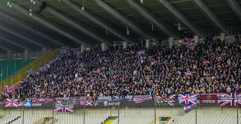 Cercle Brugge v Heart of Midlothian Europa Conference League 28 11 2024. Matchday 4 of 6 The Hearts fans during the Europa Conference League match between Cercle Brugge and Heart of Midlothian at the Jan Breydel Stadion, Brugge, Belguim on 28 November 2024. Editorial use only , Copyright: xMalcolmxMackenzie HeartsxFCx PSI-20881-0030