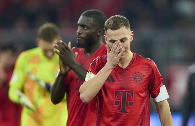 Joshua KIMMICH, FCB 6 Dayot Upamecano , FCB 2 sad in the DFB-Pokal match FC BAYERN MUENCHEN - BAYER 04 LEVERKUSEN of German Football Cup on Dec 3, 2024 in Munich, Germany. Season 2024 2025