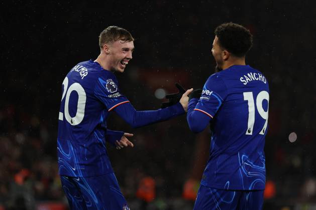 Football - 2024 2025 Premier League - Southampton vs Chelsea - St Mary™s Stadium - Wednesday 4th December 2024 Cole Palmer of Chelsea celebrates his goal with Jadon Sancho during the Premier League match at St Mary™s Stadium COLORSPORT Shaun Boggust