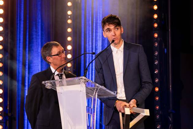 Golden Bike Ceremony - Paris French rider Romain Bardet (R) receives the Bernard Hinault trophy from French former rider Charly Mottet during the Velo d Or 2024 award ceremony at the Pavillon Gabriel in Paris on December 6, 2024. Photo by Alexis Jumeau ABACAPRESS.COM PARIS France  Copyright: xJumeauxAlexis ABACAx
