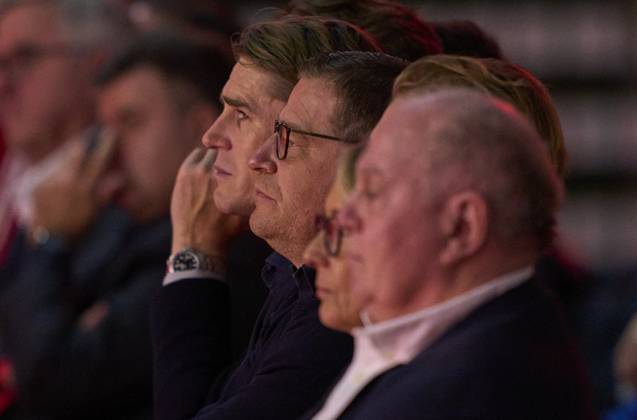 Uli HOENESS (former FCB President ), Ehrenpräsident, Max Eberl , Sportvorstand und Manager FC Bayern, Christoph Freund, sports director, FCB Sportdirektor, follow Herbert HAINER, FCB president and Ex CEO Adidas at his speech at the annual general Meeting of FC BAYERN MÜNCHEN in BMW Park Munich, Dec 8, 2024, Season 2024 2025,