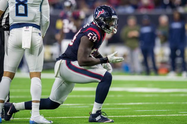 NFL, American Football Herren, USA 2018: Titans vs Texans NOV 26 November 26, 2018: Houston Texans outside linebacker Whitney Mercilus (59) celebrates his sack during the 4th quarter of an NFL football game between the Tennessee Titans and the Houston Texans at NRG Stadium in Houston, TX. The Texans won the game 34 to 17...Trask Smith CSM Houston TX U.S. EDITORIAL USE ONLY Copyright: xx ZUMA-20181126_zaf_c04_323.jpg TraskxSmithx csmphototwo467656