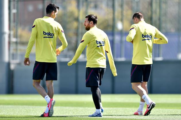 FC Barcelona, Barca Training Session and Press Comference BARCELONA, SPAIN - MARCH 06: Sergio Busquets, Leo Messi and Clement Lenglet of FC Barcelona during the training session at Ciutat Esportiva Joan Gamper on March 06, 2020 in Barcelona, Spain. (Photo by DAX ESPA-Images) Sant Joan Despo Barcelona USA EDITORIAL USE ONLY Copyright: xx ZUMA-20200306_zaf_cs12_005.jpg ESPAxPhotoxAgencyx csmphototwo667429