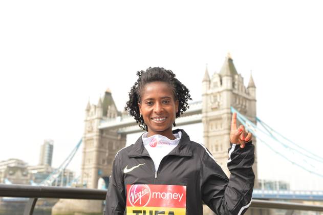 Track and Field: London Marathon-Elite Women Photocall Tigist Tufa (ETH) poses at the Tower Bridge prior to the 2016 London Marathon in London on Thursday, April 21, 2016. Photo by Jiro Mochizuki London England United Kingdom EDITORIAL USE ONLY Copyright: xImagexofxSportx JiroxMochizukix iosphotos137026