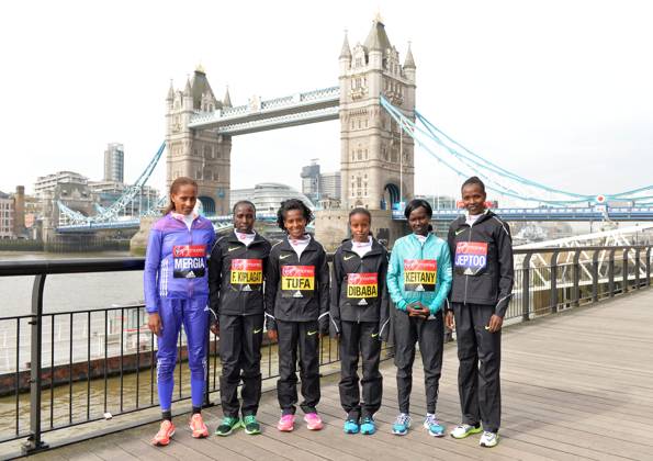 Track and Field: London Marathon-Elite Women Photocall Aselefech Mergia (ETH), Florence Kiplagat (KEN), Tigist Tufa (ETH), Mare Dibaba (ETH), Mary Keitany (KEN) and Priscah Jeptoo (KEN) pose at the Tower Bridge prior to the 2016 London Marathon in London on Thursday, April 21, 2016. Photo by Jiro Mochizuki London England United Kingdom EDITORIAL USE ONLY Copyright: xImagexofxSportx JiroxMochizukix iosphotos137044