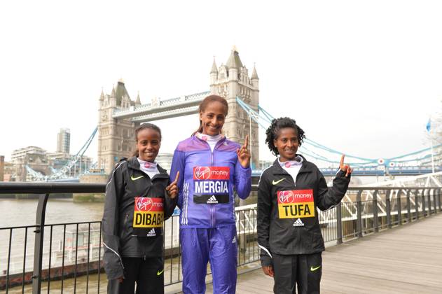 Track and Field: London Marathon-Elite Women Photocall Mare Dibaba (ETH), Aselefech Mergia (ETH) and Tigist Tufa (ETH) pose at the Tower Bridge prior to the 2016 London Marathon in London on Thursday, April 21, 2016. Photo by Jiro Mochizuki London England United Kingdom EDITORIAL USE ONLY Copyright: xImagexofxSportx JiroxMochizukix iosphotos137046