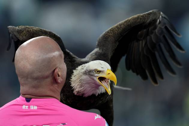 . Mascotte of the SS Lazio Eagle Olimpia with the head coach Juan Bernabe prior to, Serie A, SS Lazio v Atalanta, Olimpico, December 28, 2024, Rome, Italy.