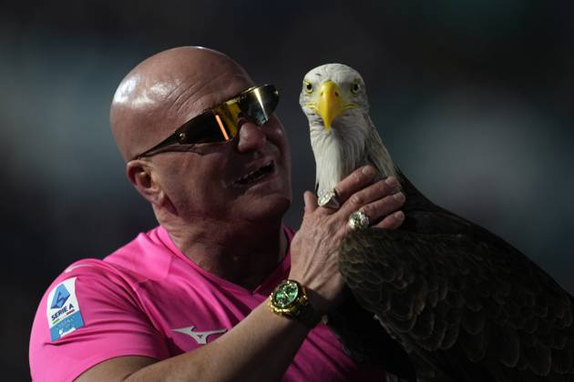 . Mascotte of the SS Lazio Eagle Olimpia with the head coach Juan Bernabe prior to, Serie A, SS Lazio v Atalanta, Olimpico, December 28, 2024, Rome, Italy.