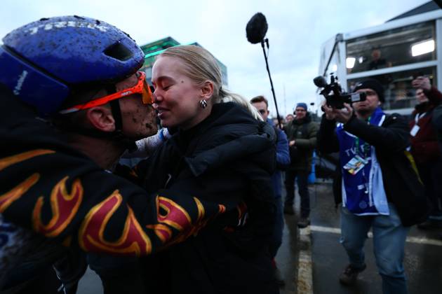 Belgian Thibau Nys celebrates after winning the elite men race of the Belgian Cyclocross Championships (11-12 01) on Sunday 12 January 2025 in Heusden-Zolder. DAVIDxPINTENS x110252923x
