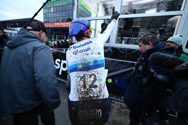 Belgian Thibau Nys celebrates after winning the elite men race of the Belgian Cyclocross Championships (11-12 01) on Sunday 12 January 2025 in Heusden-Zolder. DAVIDxPINTENS x110253109x