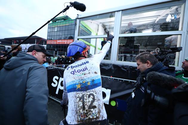 Belgian Thibau Nys celebrates after winning the elite men race of the Belgian Cyclocross Championships (11-12 01) on Sunday 12 January 2025 in Heusden-Zolder. DAVIDxPINTENS x110253128x