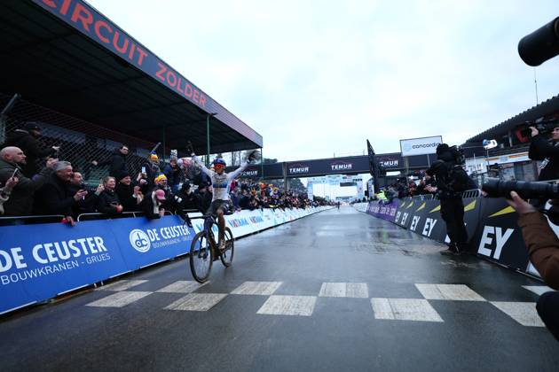 Belgian Thibau Nys celebrates as he crosses the finish line to win the elite men race of the Belgian Cyclocross Championships (11-12 01) on Sunday 12 January 2025 in Heusden-Zolder. DAVIDxPINTENS x110253174x