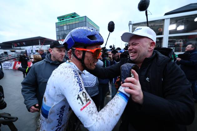 Belgian Thibau Nys celebrates after winning the elite men race of the Belgian Cyclocross Championships (11-12 01) on Sunday 12 January 2025 in Heusden-Zolder. DAVIDxPINTENS x110253206x