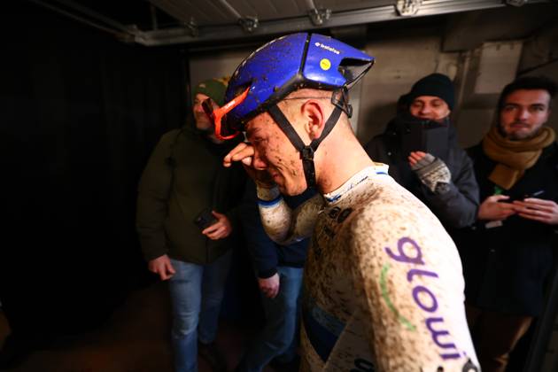 Belgian Thibau Nys celebrates after winning the elite men race of the Belgian Cyclocross Championships (11-12 01) on Sunday 12 January 2025 in Heusden-Zolder. DAVIDxPINTENS x110253253x