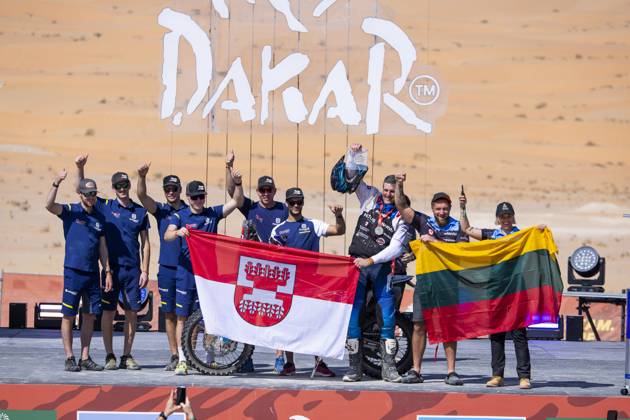 DAKAR 2025 - CEREMONY AND FINISH PODIUM 130 JUCIUS Nerimantas (ltu), Husqvarna, HT Rally Raid, Motul, FIM W2RC, Rally2, action during the Ceremony and Finish Podium of the Dakar 2025 on January 17, 2025 in Subaytah, Saudi Arabia - SubaytahSaudi Arabia  Copyright: xJULIENxDELFOSSEx