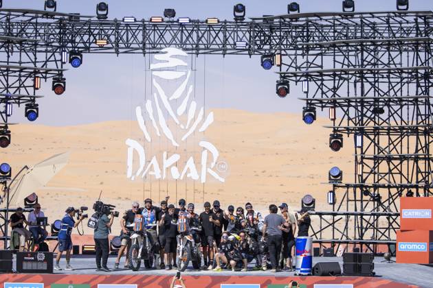DAKAR 2025 - CEREMONY AND FINISH PODIUM 114 BARNARD Dwain (zaf), KTM, Nomade Racing, FIM W2RC, Rally2, 43 DALBEC Julien (fra), KTM, Nomade Racing, FIM W2RC, Rally2, 128 BIANUCCI Max (fra), Husqvarna, Nomade Racing, FIM W2RC, Rally2, action during the Ceremony and Finish Podium of the Dakar 2025 on January 17, 2025 in Subaytah, Saudi Arabia - SubaytahSaudi Arabia  Copyright: xJULIENxDELFOSSEx