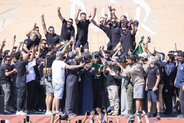 DAKAR 2025 - CEREMONY AND FINISH PODIUM 201 AL RAJHI Yazeed (sau), GOTTSCHALK Timo (ger), Toyota, Yazeed Racing, Overdrive Racing, FIA W2RC, Ultimate, celebrates his win during the Ceremony and Finish Podium of the Dakar 2025 on January 17, 2025 in Subaytah, Saudi Arabia - SubaytahSaudi Arabia  Copyright: xJULIENxDELFOSSEx