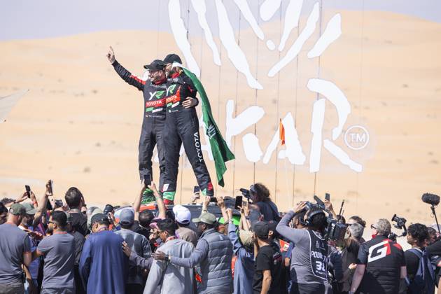 DAKAR 2025 - CEREMONY AND FINISH PODIUM 201 AL RAJHI Yazeed (sau), GOTTSCHALK Timo (ger), Toyota, Yazeed Racing, Overdrive Racing, FIA W2RC, Ultimate, celebrates his win during the Ceremony and Finish Podium of the Dakar 2025 on January 17, 2025 in Subaytah, Saudi Arabia - SubaytahSaudi Arabia  Copyright: xJULIENxDELFOSSEx
