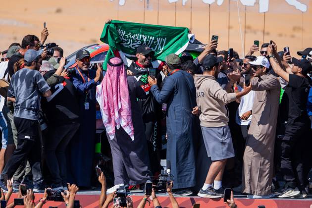 DAKAR 2025 - CEREMONY AND FINISH PODIUM 201 AL RAJHI Yazeed (sau), GOTTSCHALK Timo (ger), Toyota, Yazeed Racing, Overdrive Racing, FIA W2RC, Ultimate, celebrates his win during the Ceremony and Finish Podium of the Dakar 2025 on January 17, 2025 in Subaytah, Saudi Arabia - SubaytahSaudi Arabia  Copyright: xJULIENxDELFOSSEx