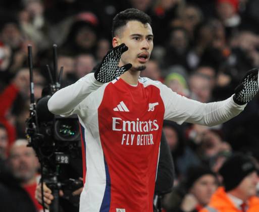 Football - 2024 2025 Premier League - Arsenal vs Aston Villa - Emirates Stadium - Saturday 18th January 2025 Gabriel Martinelli of Arsenal celebrates his first half goal COLORSPORT Andrew Cowie
