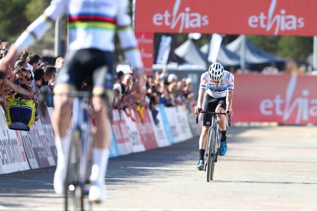 Dutch Tibor Del Grosso and pictured as he crosses the finish line of the men s U23 race at the cyclocross cycling event in Benidorm, Spain, , stage 12 14 in the UCI World Cup competition. DAVIDxPINTENS  x110713323x