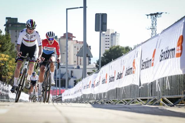 Dutch Fem Van Empel and Luxembourgian Marie Schreiber pictured in action during the women s elite race at the cyclocross cycling event in Benidorm, Spain, Sunday 19 January 2025, stage 12 14 in the UCI World Cup competition. DAVIDxPINTENS x110728511x