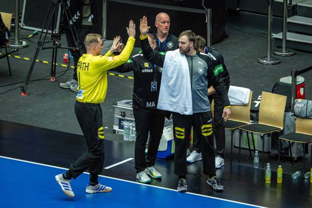 Handball Herning 19.01.2025 IHF Handball World Championship, WM, Weltmeisterschaft Vorrunde Deutschland (GER) - Tschechien (CZE) David Späth (Deutschland, TW, No.01) Spaeth Spath Andreas Wolff (Deutschland, TW, No.33) Jubel