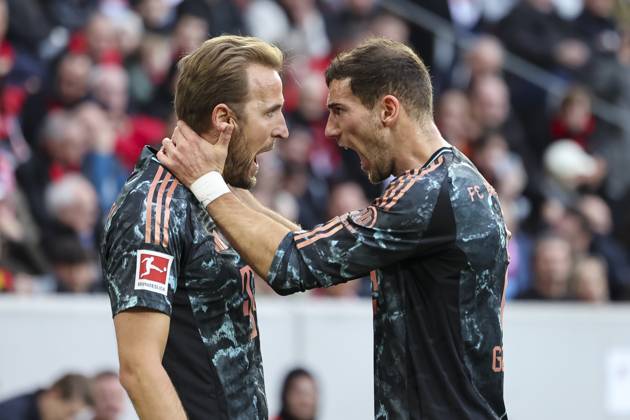 Bilder des Jahres 2025, Sport 01 Januar Sport Themen der Woche KW04 Sport Bilder des Tages Torjubel FC Bayern München beim 0:1 durch Harry Kane (FC Bayern München, 09), mit Leon Goretzka (FC Bayern München, 08) , Fussball, 1. Bundesliga, 19.Spieltag, 2024 2025, SC Freiburg vs. FC Bayern München, 25.01.2025, Europa-Park Stadion , Freiburg im Breisgau, Deutschland DFL REGULATIONS PROHIBIT ANY USE OF PHOTOGRAPHS AS IMAGE SEQUENCES AND OR QUASI-VIDEO. Freiburg im Breisgau Europa-Park Stadion Baden-Württemberg Deutschland Copyright: xGrantxHubbsx