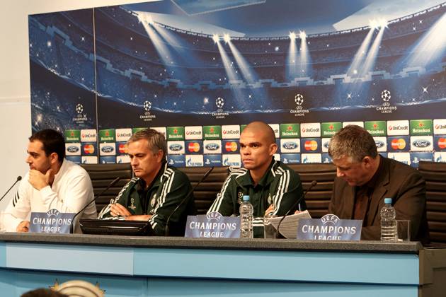 MANCHESTER, UNITED KINGDOM: 21 NOVEMBER 2012 Real Madrid head coach Josà Mourinho (2nd left) and Real Madrid player Pepe (2nd right) address the media during the Real Madrid press conference, PK, Pressekonferenz on the eve of the UEFA Champions League Group D soccer match between Manchester City and Real Madrid at the Etihad Stadium, United Kingdom on 21 November 2012. Manchester City FC v Real Madrid FC UCL_2012-2013