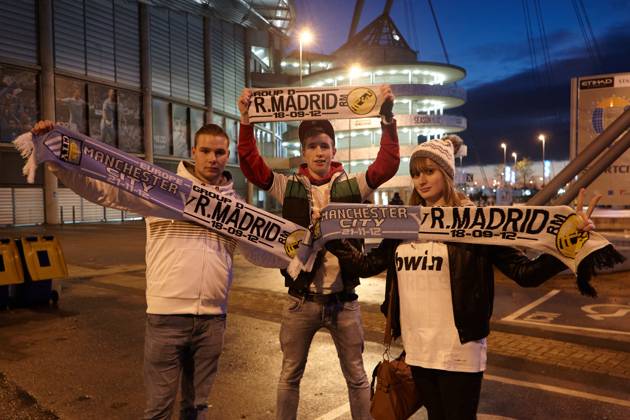 MANCHESTER, UNITED KINGDOM: 21 NOVEMBER 2012 Real Madrid fans prior to the UEFA Champions League Group D soccer match between Manchester City and Real Madrid at the Etihad Stadium, United Kingdom on 21 November 2012. Manchester City FC v Real Madrid FC UCL_2012-2013
