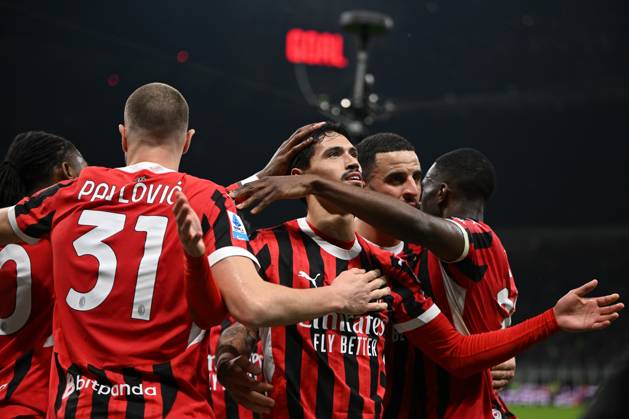 AC Milan vs Inter FC Internazionale Serie A match at Giuseppe Meazza San Siro Stadium Tijjani Reijnders of AC Milan celebrating after a goal during the Italian Serie A football match between AC Milan and FC Inter on February 2, 2025 at Giuseppe Meazza San Siro Siro stadium in Milan, Italy Italy Copyright: TizianoxBallabio
