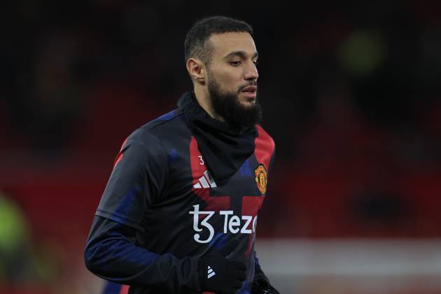 Manchester United, ManU v Leicester City FA Cup 07 02 2025. 4th Round Noussair Mazraoui (3) of Manchester United during the warm-up ahead of the FA Cup match between Manchester United and Leicester City at Old Trafford, Manchester, England on 7 February 2025. Manchester Old Trafford Greater Manchester England Editorial use only DataCo restrictions apply See www.football-dataco.com , Copyright: xConorxMolloyx PSI-21415-0036