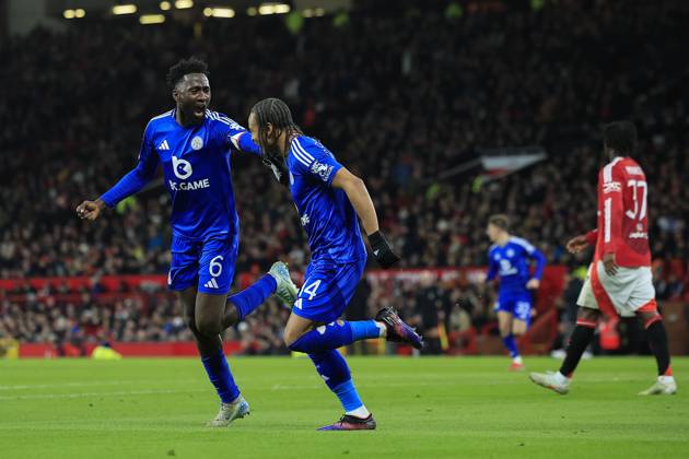 Manchester United, ManU v Leicester City FA Cup 07 02 2025. 4th Round Bobby Decordova-Reid (14) of Leicester City celebrates with Wilfred Ndidi (6) of Leicester City after scoring to make it 0-1 during the FA Cup match between Manchester United and Leicester City at Old Trafford, Manchester, England on 7 February 2025. Manchester Old Trafford Greater Manchester England Editorial use only DataCo restrictions apply See www.football-dataco.com , Copyright: xConorxMolloyx PSI-21415-0054