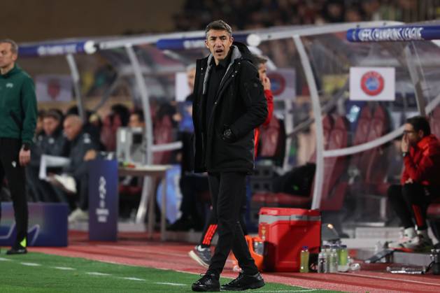 Monaco on February 12, 2025 Uefa Champions League Knockout phase play-offs, 1st leg AS Monaco - SL Benfica, Trainer Head Coach Bruno Lage (S.L.Benfica) enttaeuscht, enttaeuscht schauend, dissapointed, traurig, frustiert, frust, gefrustet Copyright: JoaquimxFerreira