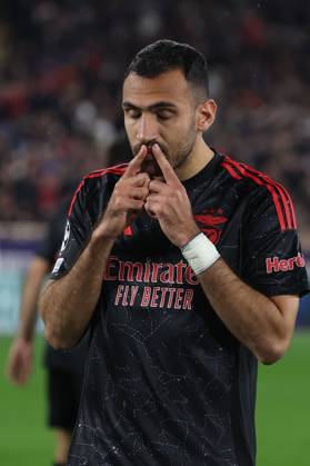 Monaco on February 12, 2025 Uefa Champions League Knockout phase play-offs, 1st leg AS Monaco - SL Benfica, Vangelis Pavlidis (S.L.Benfica) Torjubel, Goal celebration, celebrate the goal Copyright: JoaquimxFerreira