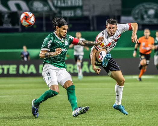 Match between Palmeiras and Sao Paulo for the Sao Paulo championship Sao paulo (sp), 02 16 2025 - paulistao palmeiras vs sao paulo - calleri, a player from sao paulo, fights for the ball with gustavo gomes, a player from palmeiras, during a match between palmeiras and sao paulo, valid for the 10th round of the 2025 paulista football championship, on the night of this sunday, february 16, 2025, at allianz parque, in sao paulo-sp (Foto: Joca Duarte Thenews2 imago images) SPO  Copyright: xJocaxDuartex