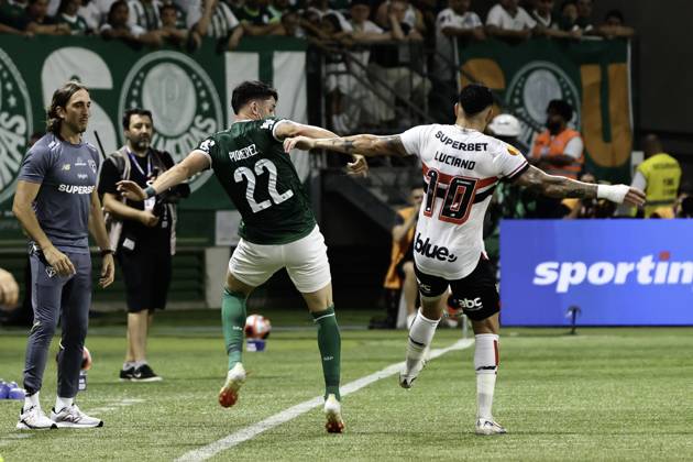 Match between Palmeiras and Sao Paulo for the Sao Paulo championship Sao paulo (sp), 02 16 2025 - paulistao palmeiras vs sao paulo - players piquerez and luciano during the match between palmeiras and sao paulo, valid for the 10th round of the 2025 paulista football championship, on the night of this sunday, february 16, 2025, at allianz parque, in sao paulo-sp (Foto: Leco Viana Thenews2 imago images) SPO  Copyright: xLecoxVianax