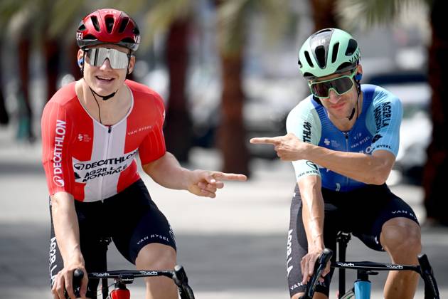 UAE Tour 2025 - Stage 3 JEBEL JAIS, UNITED ARAB EMIRATES - FEBRUARY 19 : Bouchard Geoffrey (FRA) of Decathlon AG2R La Mondiale Team and Pedersen Sojberg Rasmus (DEN) of Decathlon AG2R La Mondiale Team pictured during Stage 3 of the UAE Tour 2025 cycling race with start in Ras Al Khaimah and finish in Jebel Jais (181km) on February 19, 2025 in Jebel Jais, United Arab Emirates, 19 02 2025 Jebel Jais United Arab Emirates  Copyright: xPeterxDexVoechtx