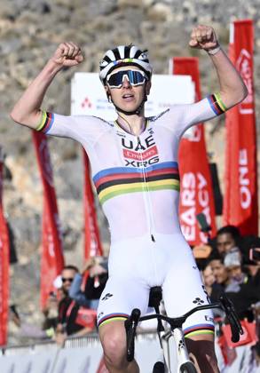 UAE Tour 2025 - Stage 3 JEBEL JAIS, UNITED ARAB EMIRATES - FEBRUARY 19 : Pogacar Tadej (SLO) of UAE Team Emirates wins during Stage 3 of the UAE Tour 2025 cycling race with start in Ras Al Khaimah and finish in Jebel Jais (181km) on February 19, 2025 in Jebel Jais, United Arab Emirates, 19 02 2025 Jebel Jais United Arab Emirates  Copyright: xPeterxDexVoechtx