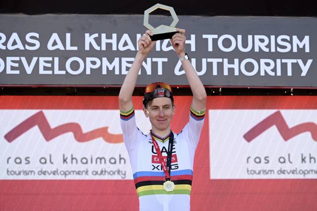 UAE Tour 2025 - Stage 3 JEBEL JAIS, UNITED ARAB EMIRATES - FEBRUARY 19 : Pogacar Tadej (SLO) of UAE Team Emirates pictured during the podium ceremony of Stage 3 of the UAE Tour 2025 cycling race with start in Ras Al Khaimah and finish in Jebel Jais (181km) on February 19, 2025 in Jebel Jais, United Arab Emirates, 19 02 2025 Jebel Jais United Arab Emirates  Copyright: xPeterxDexVoechtx