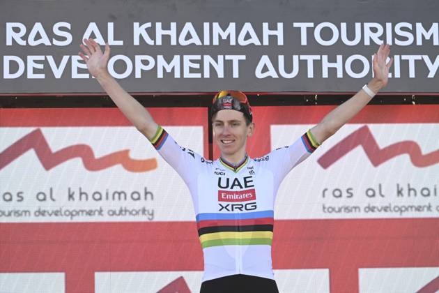 UAE Tour 2025 - Stage 3 JEBEL JAIS, UNITED ARAB EMIRATES - FEBRUARY 19 : Pogacar Tadej (SLO) of UAE Team Emirates pictured during the podium ceremony of Stage 3 of the UAE Tour 2025 cycling race with start in Ras Al Khaimah and finish in Jebel Jais (181km) on February 19, 2025 in Jebel Jais, United Arab Emirates, 19 02 2025 Jebel Jais United Arab Emirates  Copyright: xPeterxDexVoechtx