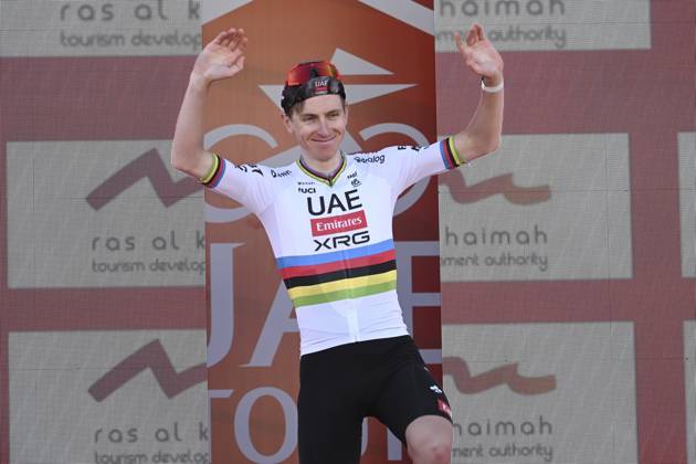 UAE Tour 2025 - Stage 3 JEBEL JAIS, UNITED ARAB EMIRATES - FEBRUARY 19 : Pogacar Tadej (SLO) of UAE Team Emirates pictured during the podium ceremony of Stage 3 of the UAE Tour 2025 cycling race with start in Ras Al Khaimah and finish in Jebel Jais (181km) on February 19, 2025 in Jebel Jais, United Arab Emirates, 19 02 2025 Jebel Jais United Arab Emirates  Copyright: xPeterxDexVoechtx